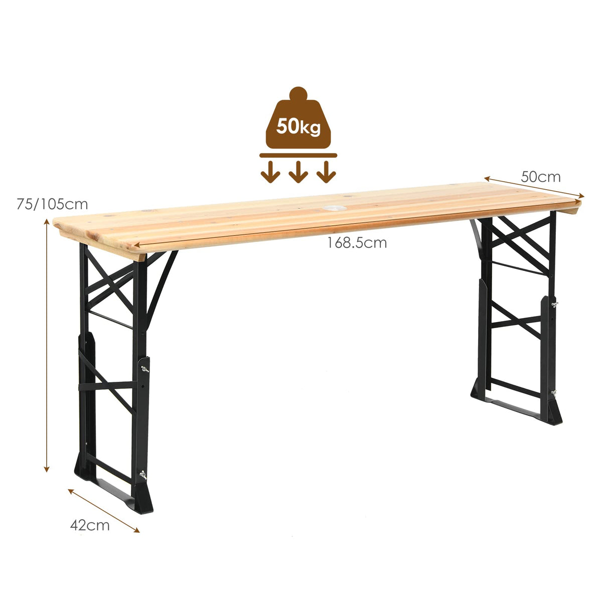 5.5FT Folding Picnic Table, Portable Outdoor Beer Table w/Umbrella Hole & 2 Adjustable Heights