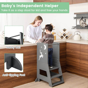 2 in 1 Wooden Kitchen Step Stop with Whiteboard & Blackboard, 3 Water-Based Pens