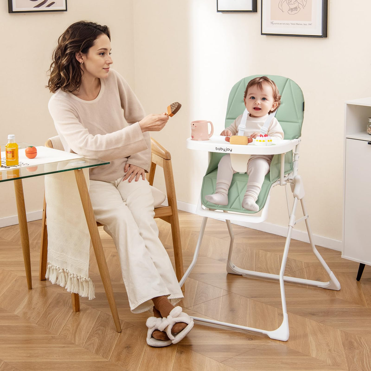Foldable High Chair, Easy Clean Compact Highchair with Removable Adjustable Tray and PU Seat Cushion, 5-Point Safety Belt for Babies
