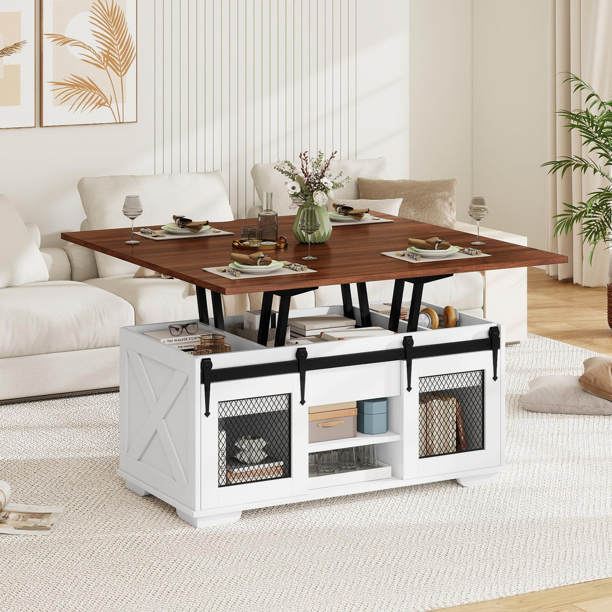 Lift Top Coffee Table, 105cm Farmhouse Center Table with 2 Sliding Barn Doors