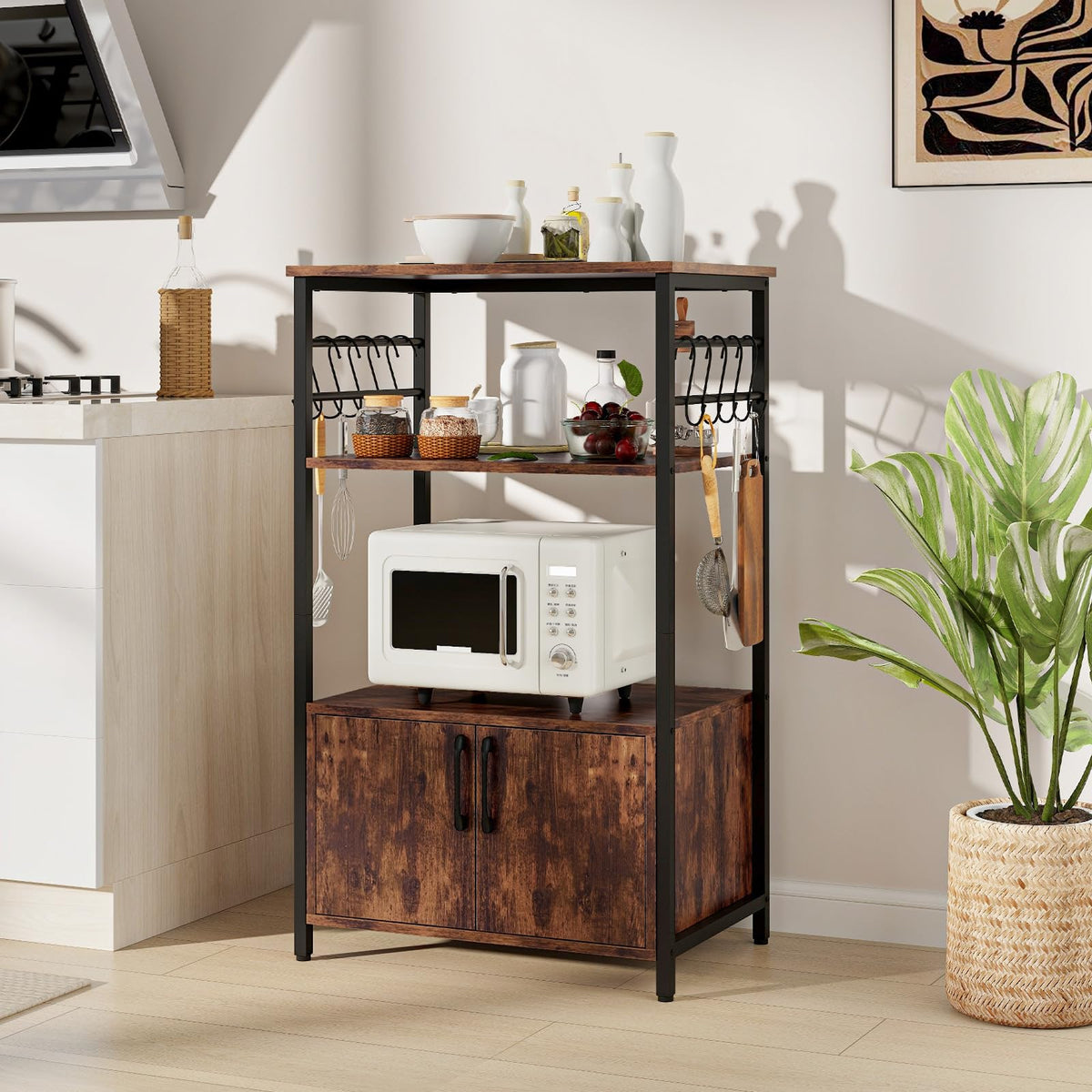 Industrial Kitchen Baker’s Rack 3-Tier Pantry Cabinet Microwave Oven Stand
