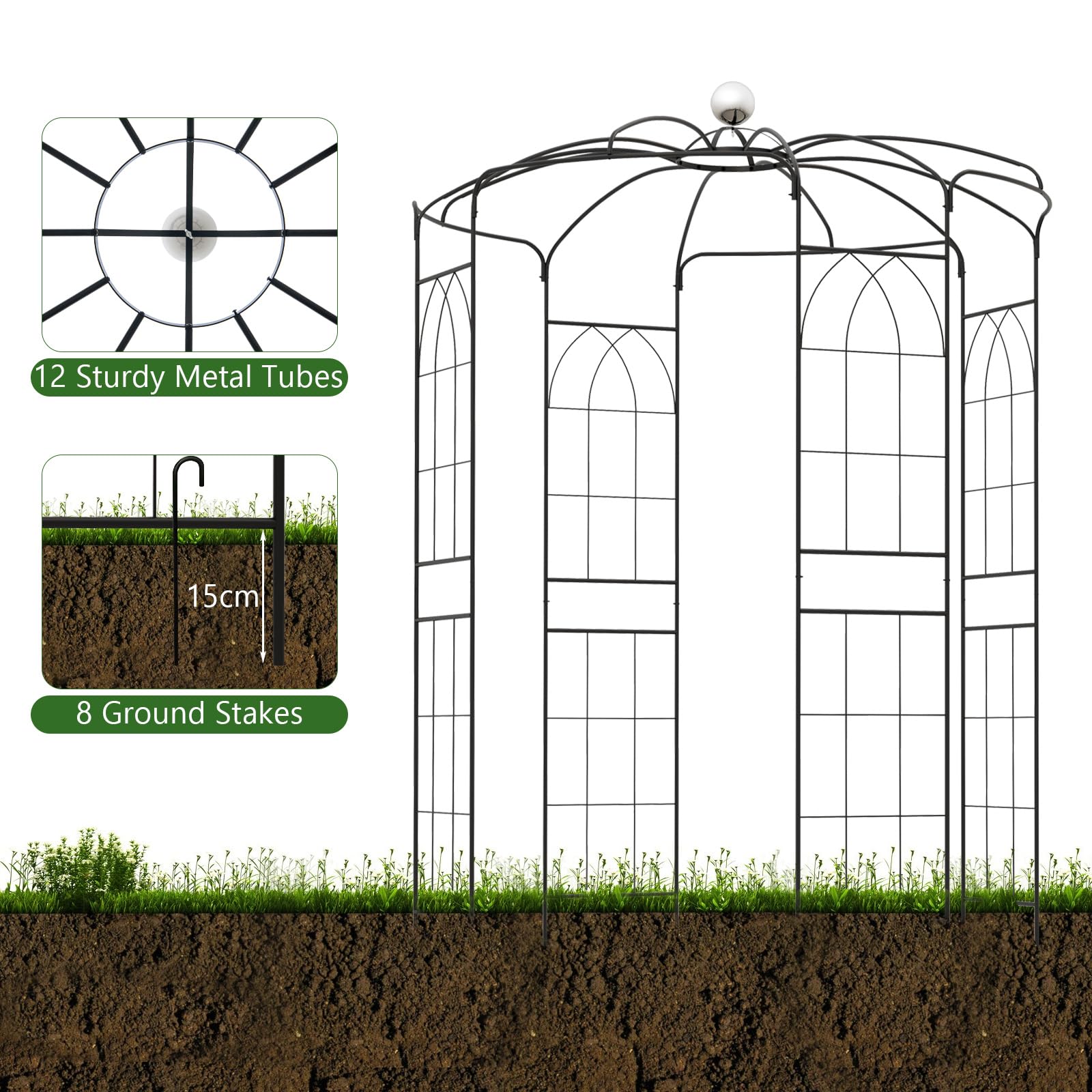 Birdcage Shape Arch,286 cm High x 206cm Wide, Heavy-Duty Wrought Metal Arbor for Climbing Plants