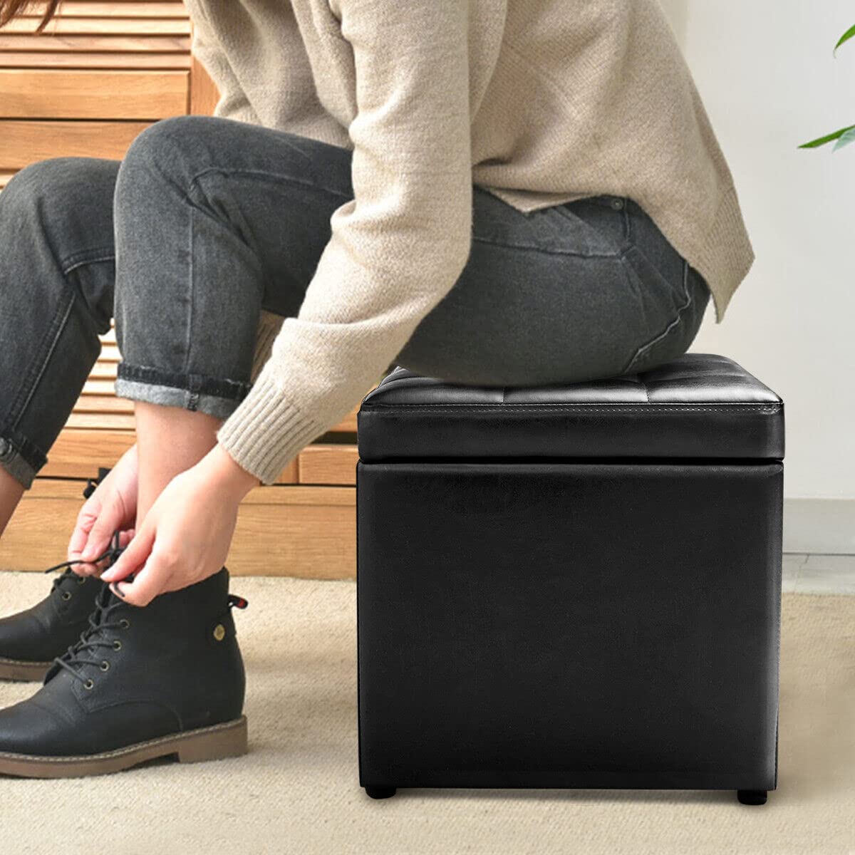40CM Cube Ottoman, Pouffe Storage Box Lounge Seat Footstools w/Hinge Top & Bottom Feet