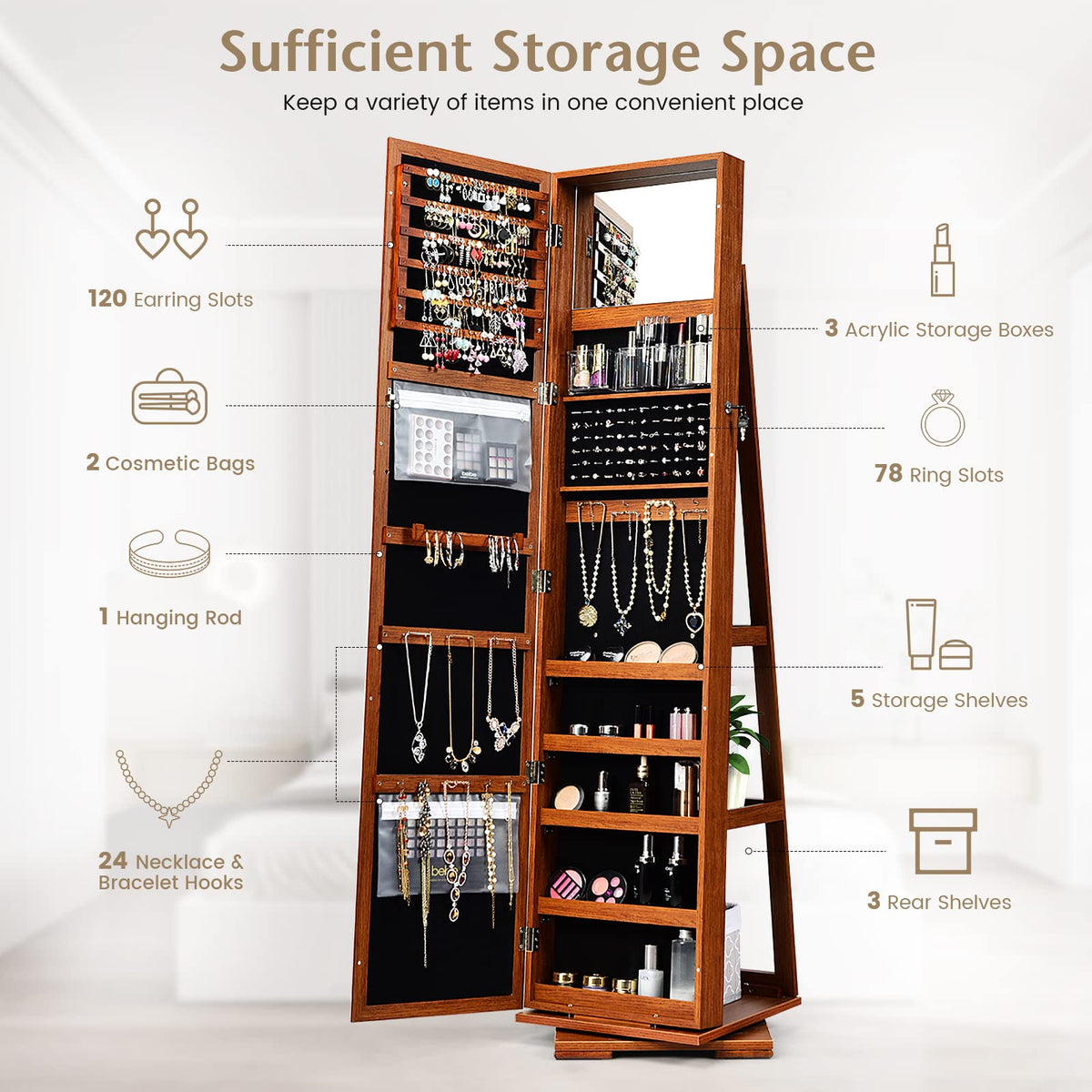 Giantex 360 Rotating Mirrored Jewelry Cabinet, Free Standing Jewelry Armoire, Full Length Mirror