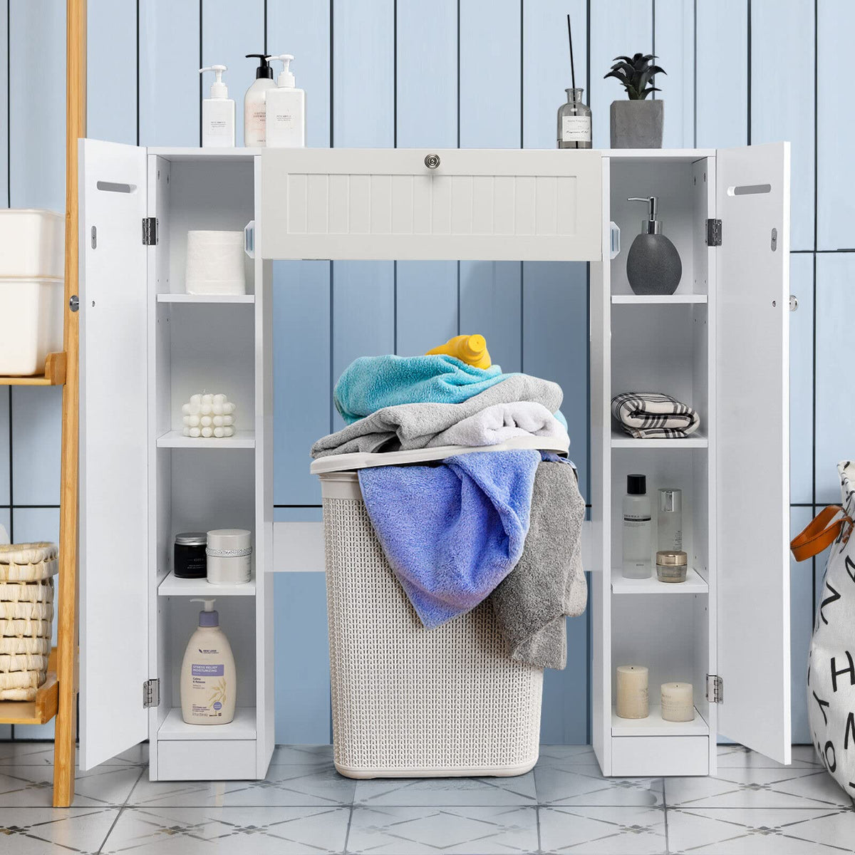 Giantex Over The Toilet Storage Cabinet, Freestanding Toilet Organizer w/Adjustable Shelves & Toilet Paper Holders, White