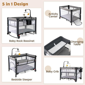 5-in-1 Baby Pack and Play with 4-Level Adjustable Height and Changing Table