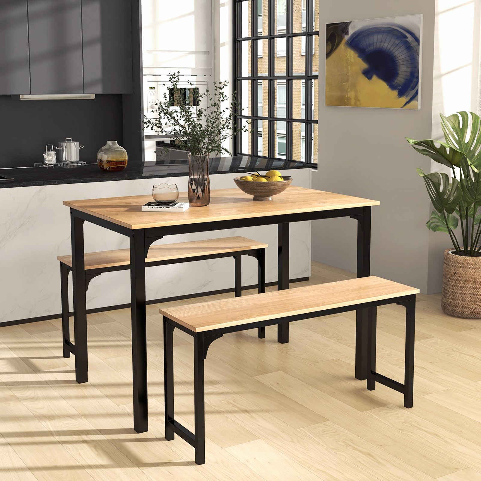Giantex Dining Table Set for 4, 3 PCS Farmhouse Kitchen & Dining Room Furniture Kit with 2 Benches
