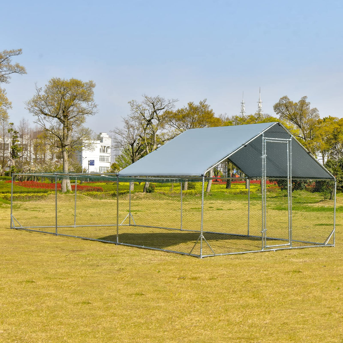 Large Metal Chicken Coop, Walk-in Poultry Cage Hen Rabbit Run House with Waterproof & Sun-Proof Cover