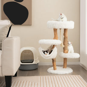 87 CM Tall Wooden Cat Tree, Solid Wood Cat Tower with Jute Scratching Posts