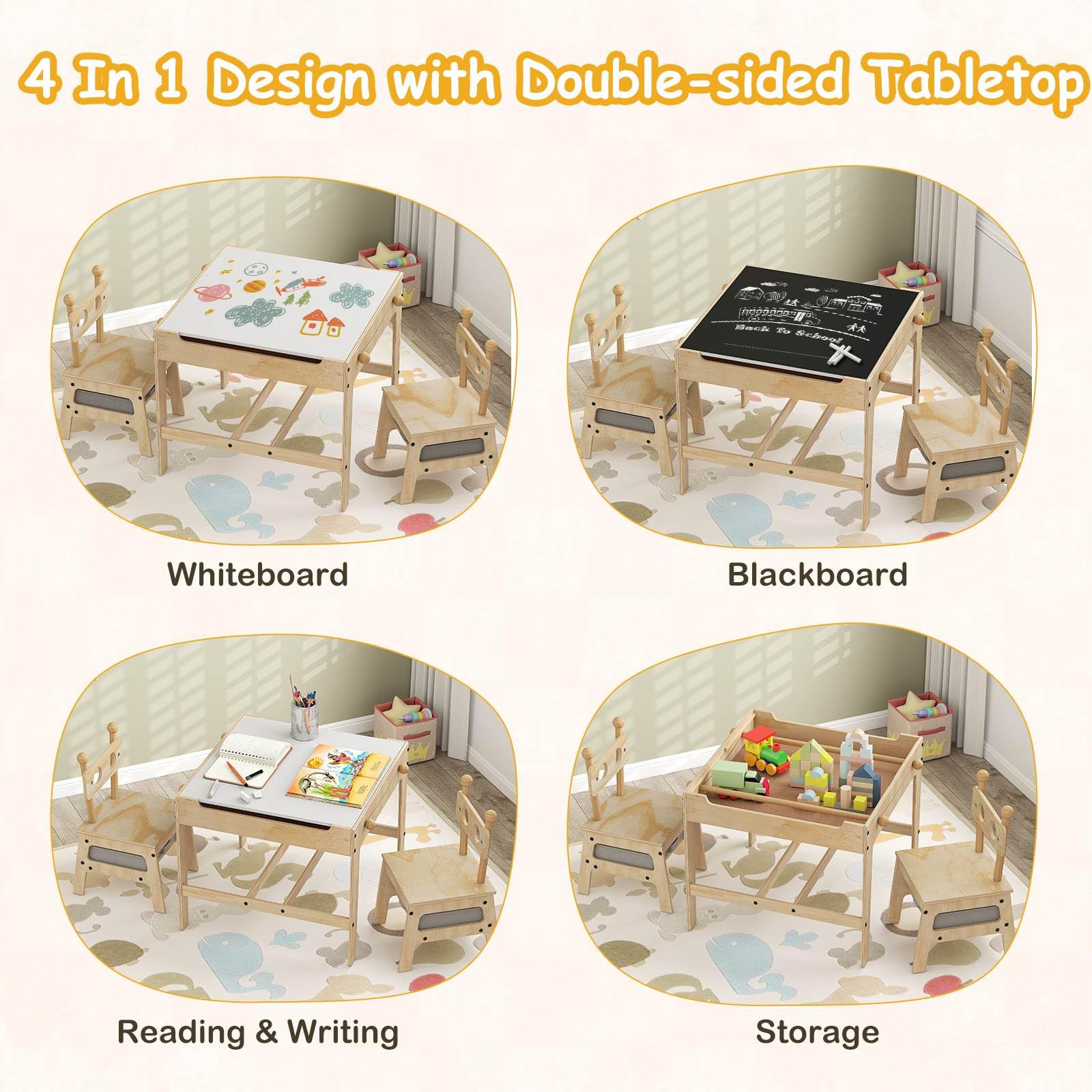4-in-1 Kids Table and Chairs Set with Reversible Whiteboard for Arts Robot Style