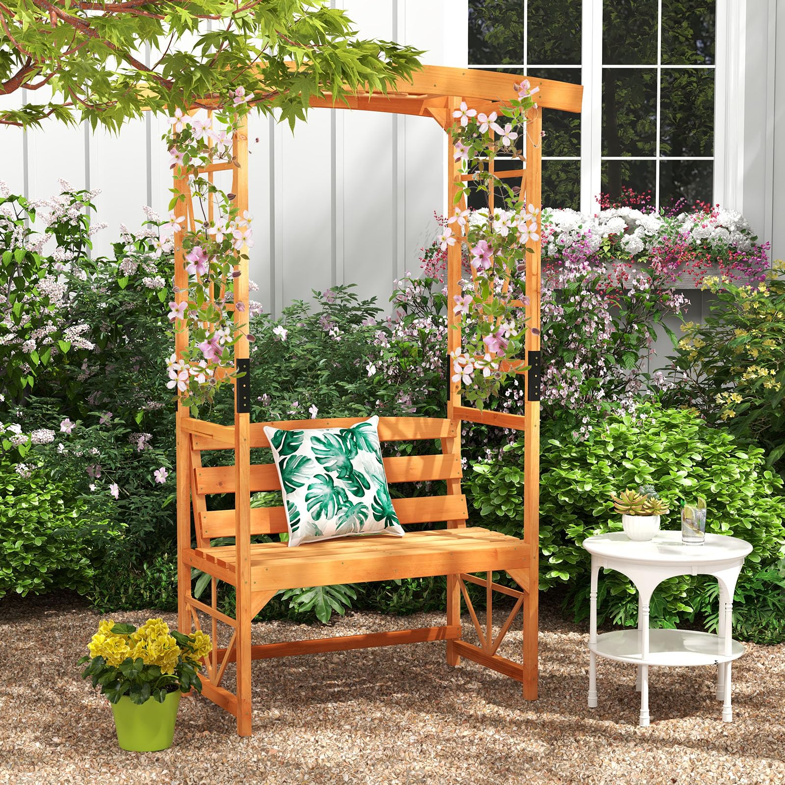Giantex Garden Arbor with Bench - Wooden Garden Arch Trellis for Climbing Plants Vines