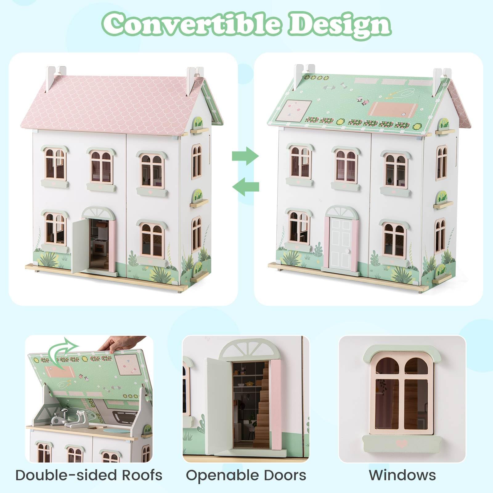 HONEY JOY Kids Wooden Dollhouse, 3 Level Doll House Playset