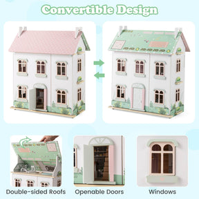 HONEY JOY Kids Wooden Dollhouse, 3 Level Doll House Playset