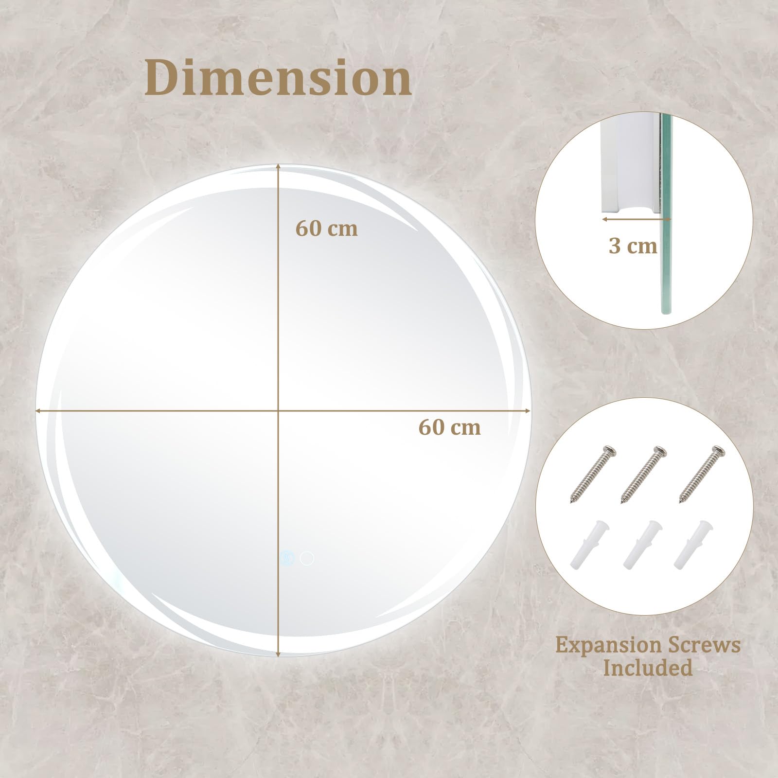 60 x 60 CM Round LED Bathroom Mirror with 3-Color Dimmable Lights