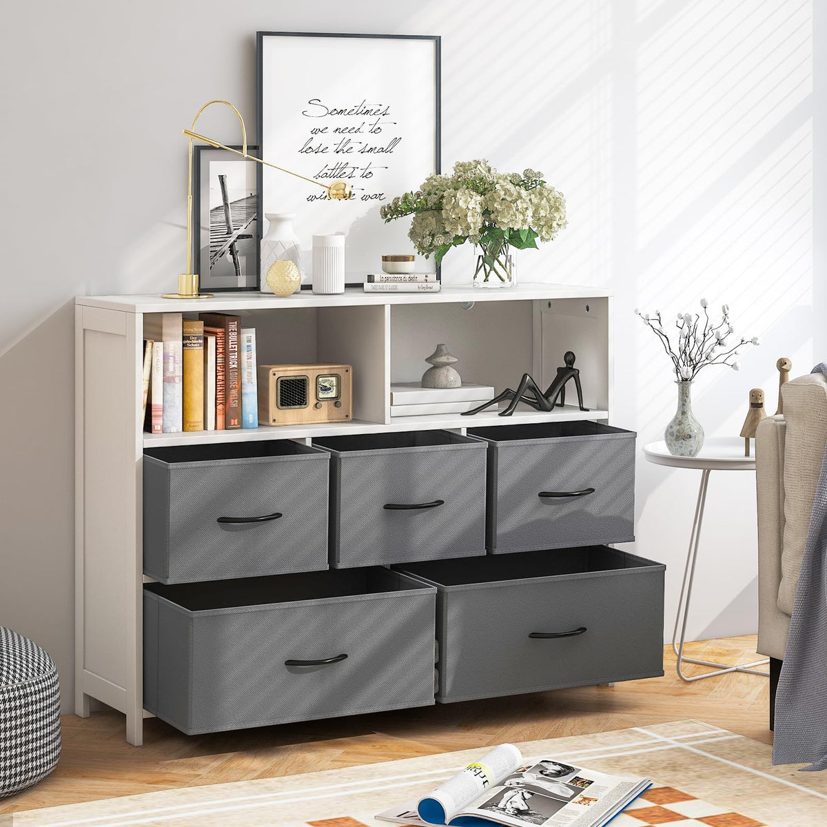 Giantex Fabric Dresser for Bedroom, Wide Chest of Drawers w/ 5 Drawers