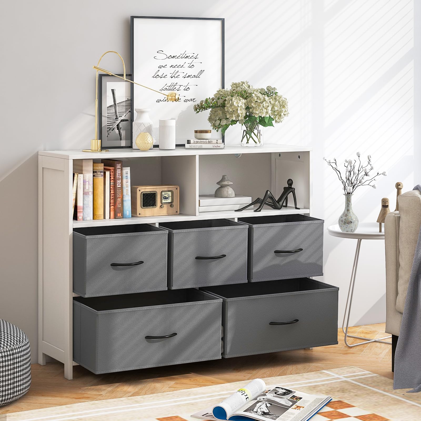 Giantex Fabric Dresser for Bedroom, Wide Chest of Drawers w/ 5 Drawers