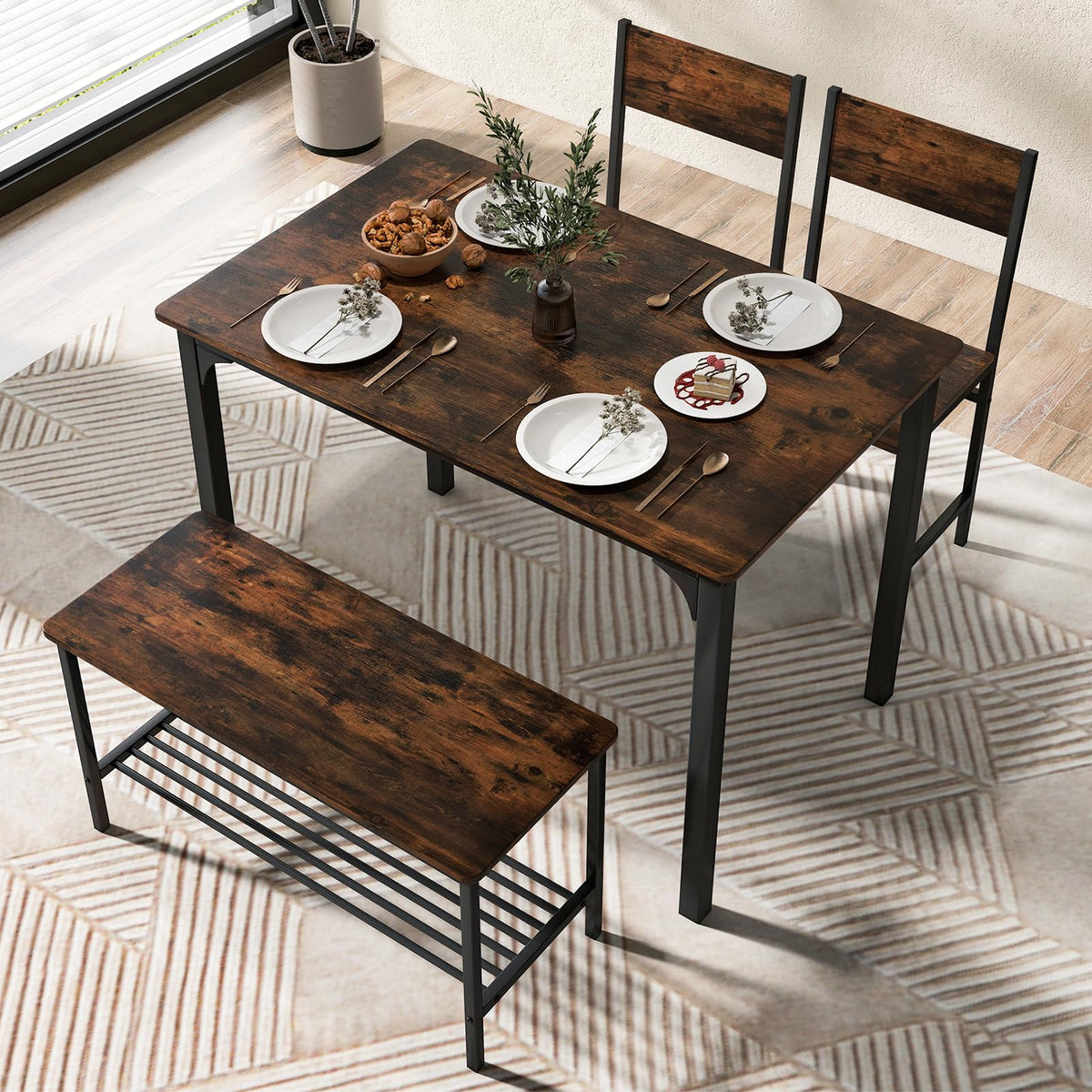 4-Piece Dining Table Set, Kitchen Table with 2 Chairs & a Bench