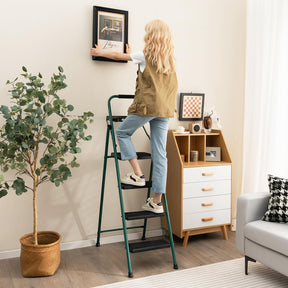 Folding Step Ladder, 4-Step Ladder w/Tool Tray, Non-Slip Footpads & Pedals