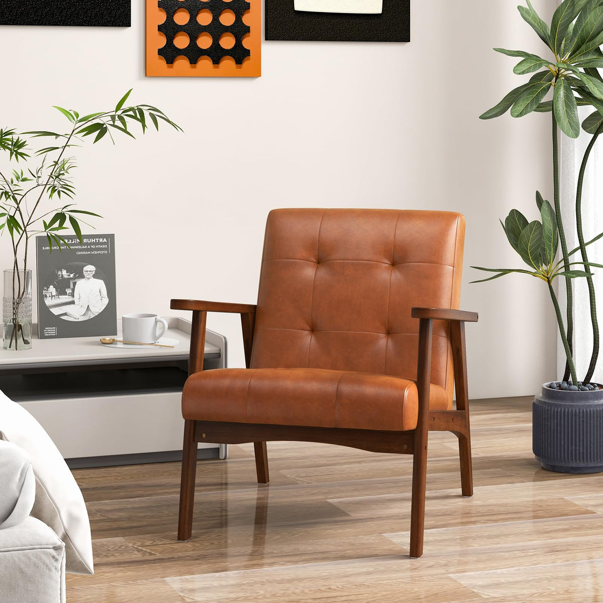 Giantex Mid Century Modern Accent Chair, Living Room Arm Chair with Solid Rubber Wood Frame