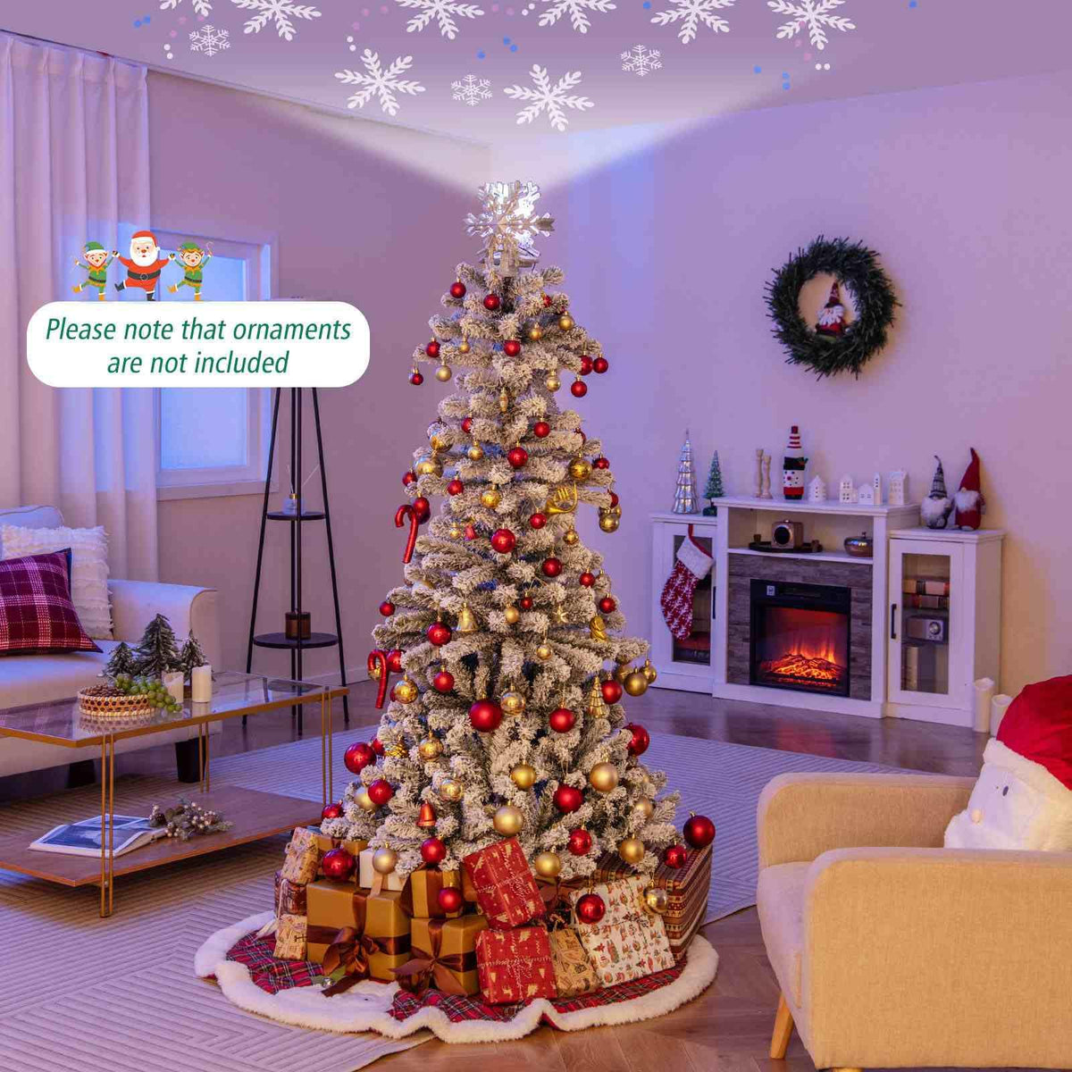 180 cm Artificial Xmas Tree, Flocked Christmas Tree with Lighted Snowflake Topper