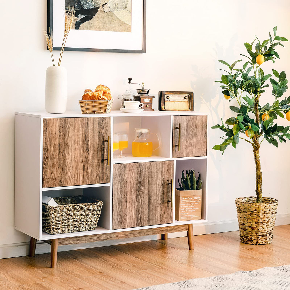Sideboard Storage Cabinet W/3 Storage Compartments & 3 Doors & Wood Legs (White & Coffee)