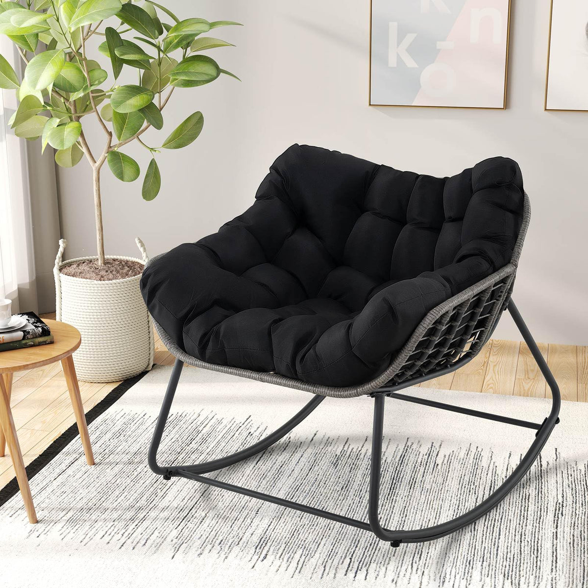Outdoor Rocking Chair, Oversized Patio PE Wicker Egg Chair