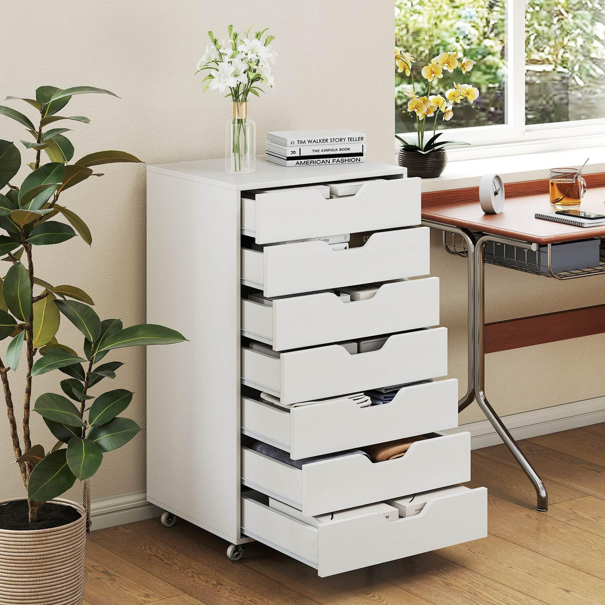 7-Drawer Storage Cabinet, Mobile File Organizer with 4 Universal Casters, Wooden Vertical Filing Dresser Chest on Lockable Wheels for Office, Study, Living Room, Bedroom