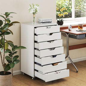 7-Drawer Storage Cabinet, Mobile File Organizer with 4 Universal Casters, Wooden Vertical Filing Dresser Chest on Lockable Wheels for Office, Study, Living Room, Bedroom