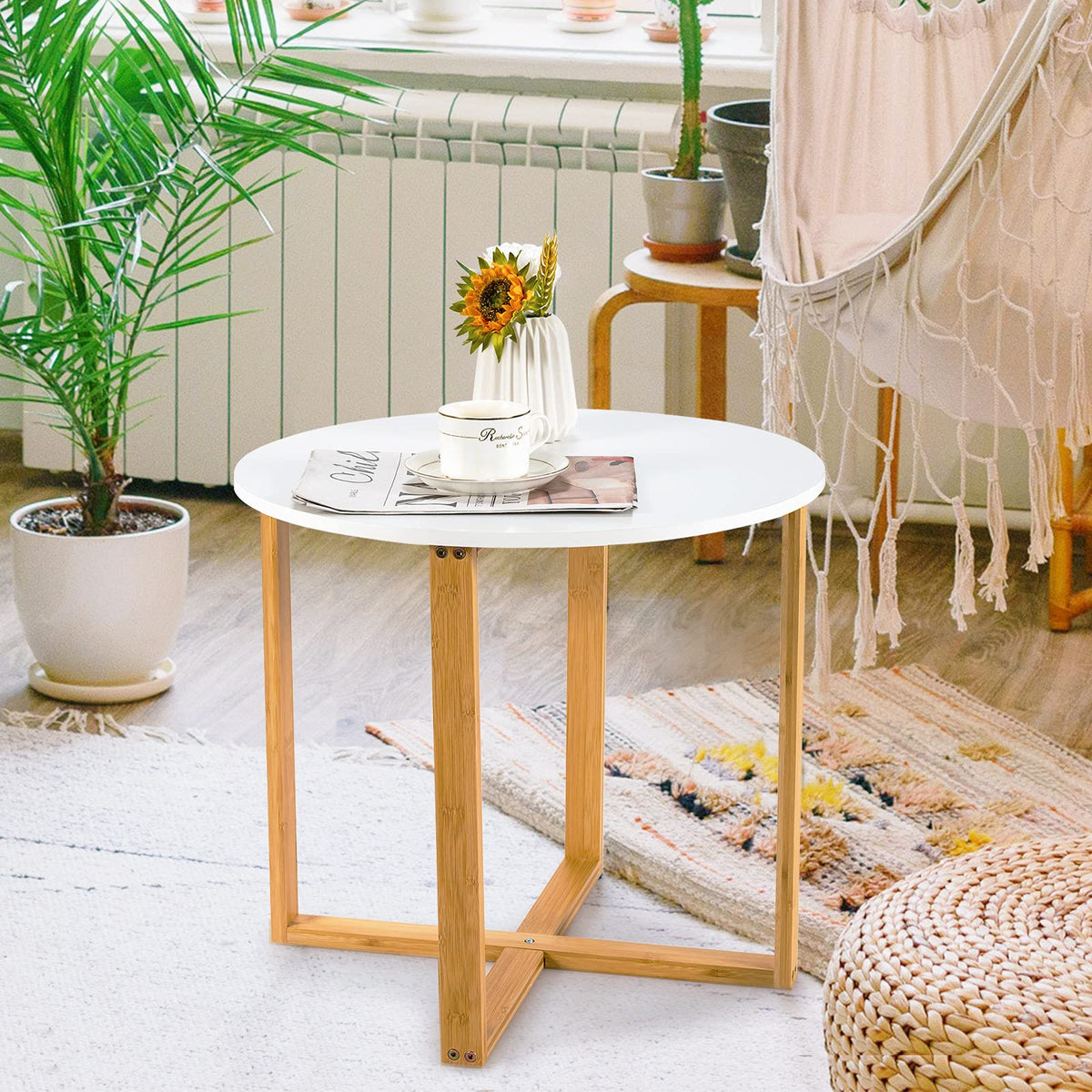End Side Table, Round Coffee Table, Bedside Sofa End Table w/Bamboo Legs, Waterproof Surface, Wooden Nighstand