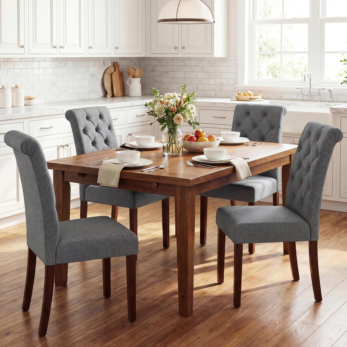 Upholstered Dining Chairs Set of 2, Button Tufted Chairs w/Padded Seat & Backrest
