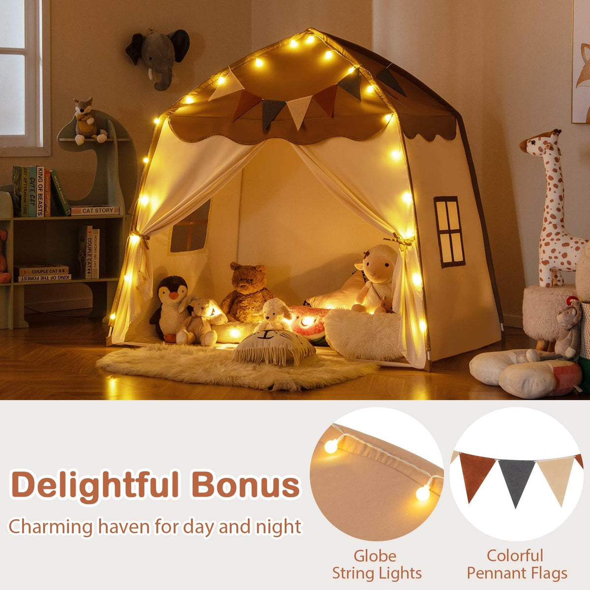 Large Kids Tent, Indoor Outdoor Dome Tent Playhouse w/Bright Lights, Flags, 2 Doors, 2 Windows, Machine Washable Teepee Tent for Toddlers