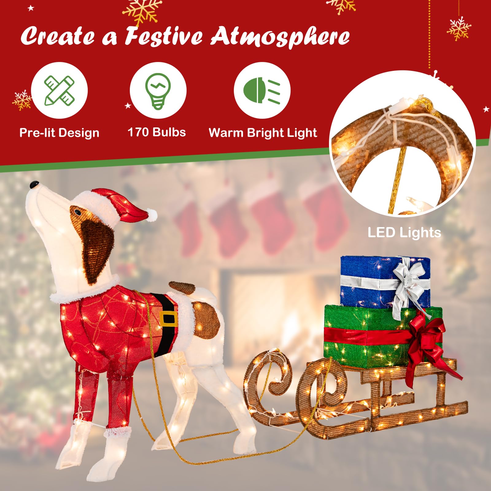 Lighted Christmas Decorations, 170 Warm Bright Lights Outdoor Pre-lit Xmas Dog & Sleigh & Gift Boxes Combo