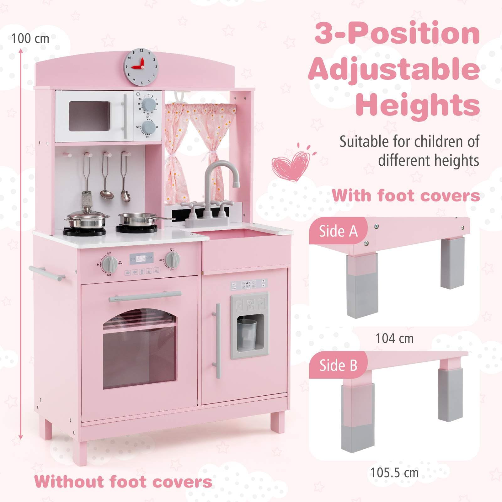 Wooden Play Kitchen for Kids with 3 Adjustable Heights and Stoves and Ice Maker