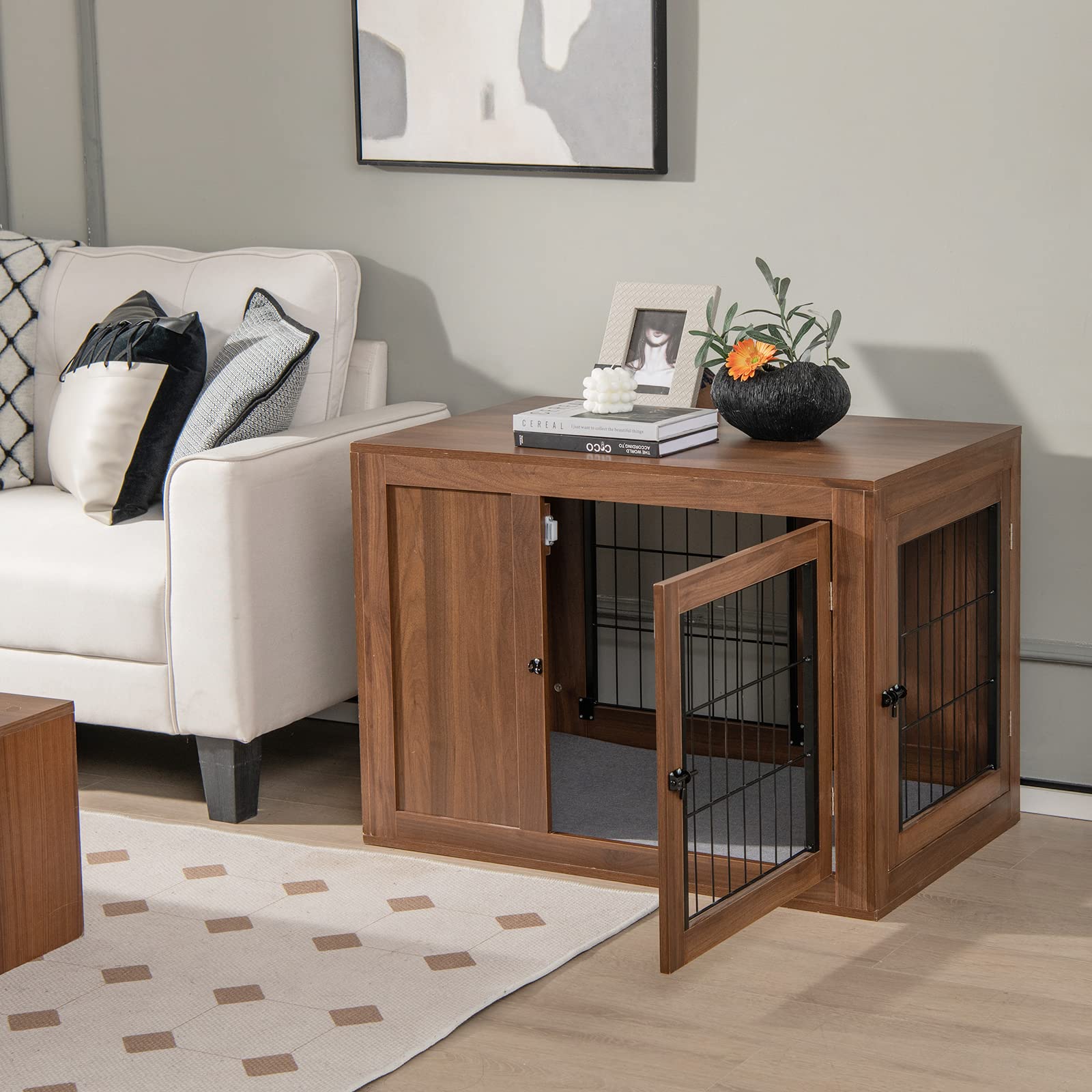 Furniture Dog Crate, Pet Crate End Table w/Cushion, Double Doors, Mesh, Indoor Use Dog Cage House
