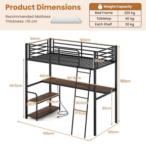 Loft Bed Single Size with Desk, 2-in-1 Metal Loft Bed Frame with Charging Station, Desk and 2 Shelves