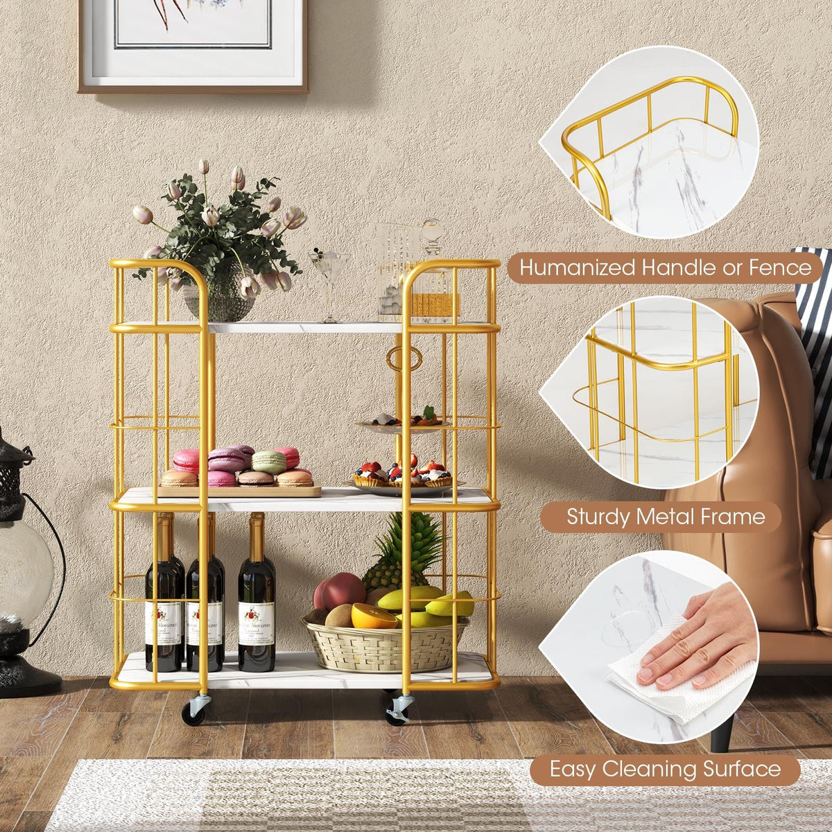 Gold Bar Cart, Home Island Service Cart, 3 Tier Storage Shelves with Guardrail, Imitation Marble Top