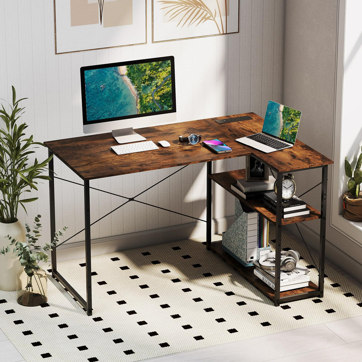 L-Shaped Desk with Power Outlet, Home Office Computer Desk with Reversible Adjustable Storage Shelves