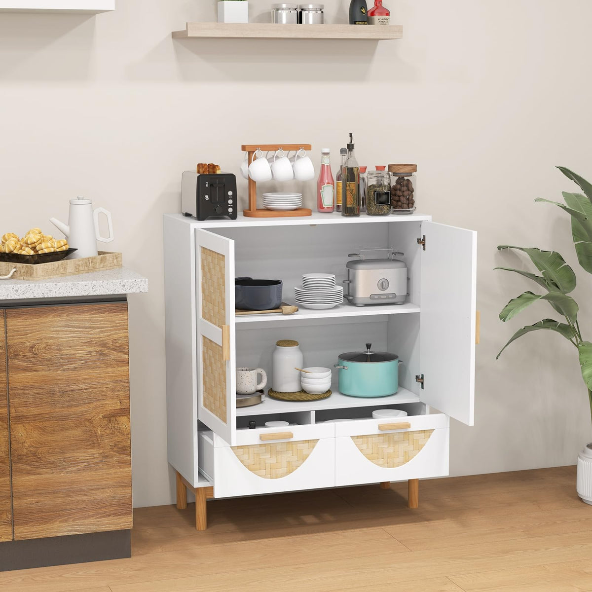 Giantex 2-Door Sideboard Buffet Cabinet, Accent Floor Storage Cabinet with Bamboo Woven Doors