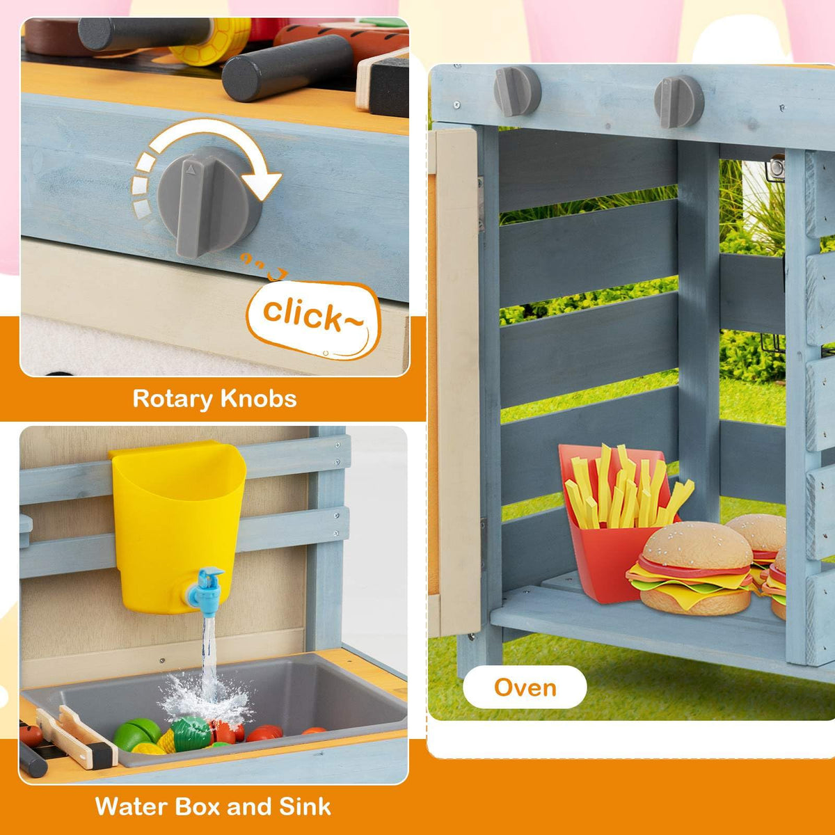 2 in 1 Wooden Mud Kitchen, Double Sided Outdoor Play Kitchen & Grocery Store w/Removable Water Box & Sink
