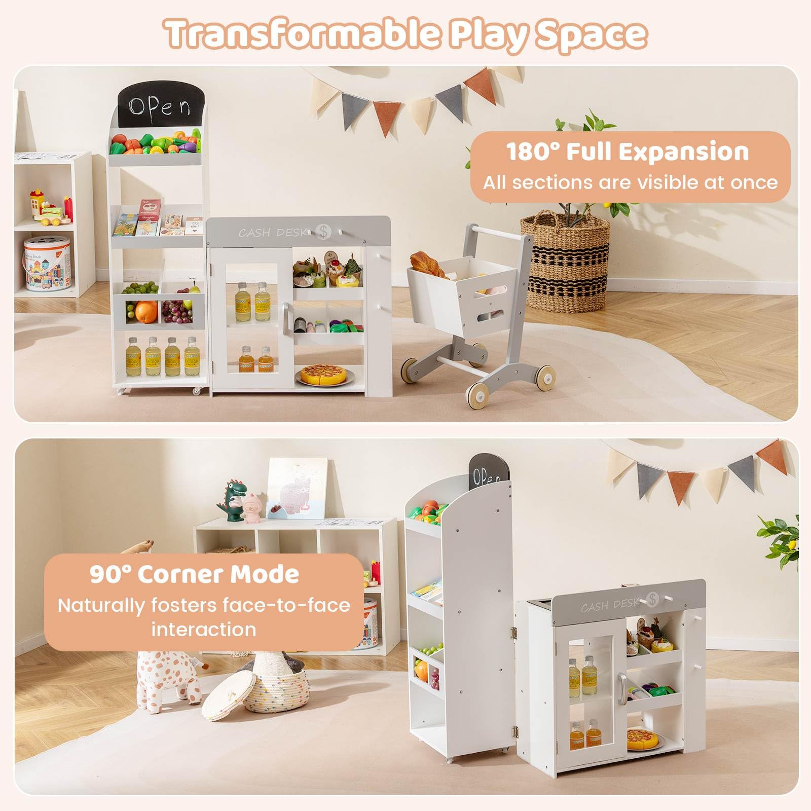 Kids Grocery Store Playset, Convertible Wooden Play Store with Shopping Cart