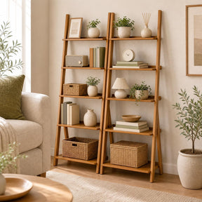 5-Tier Bamboo Ladder Shelf Bookcase, Natural