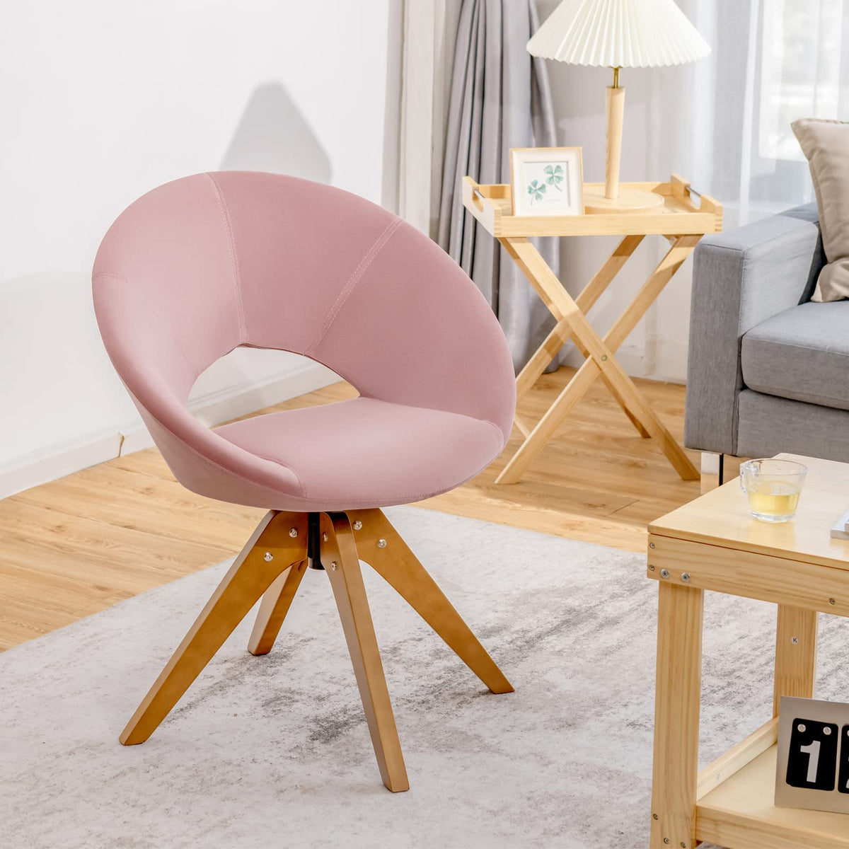 Giantex Swivel Accent Chair, Modern Office Chair w/Solid Wood Legs, Oversized Upholstered Leisure Chair