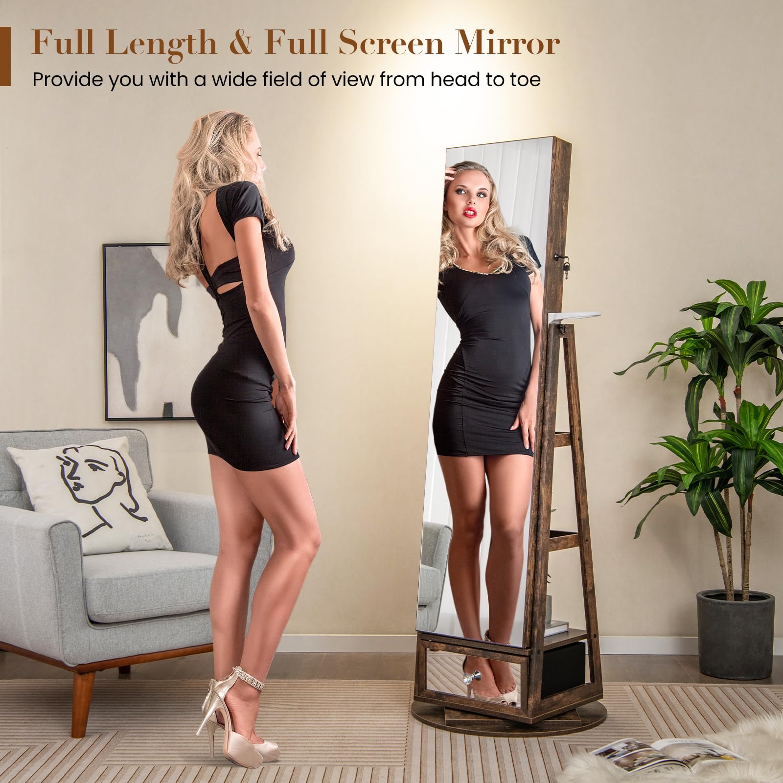 Giantex 360° Swivel Jewelry Cabinet w/Full-Length Mirror