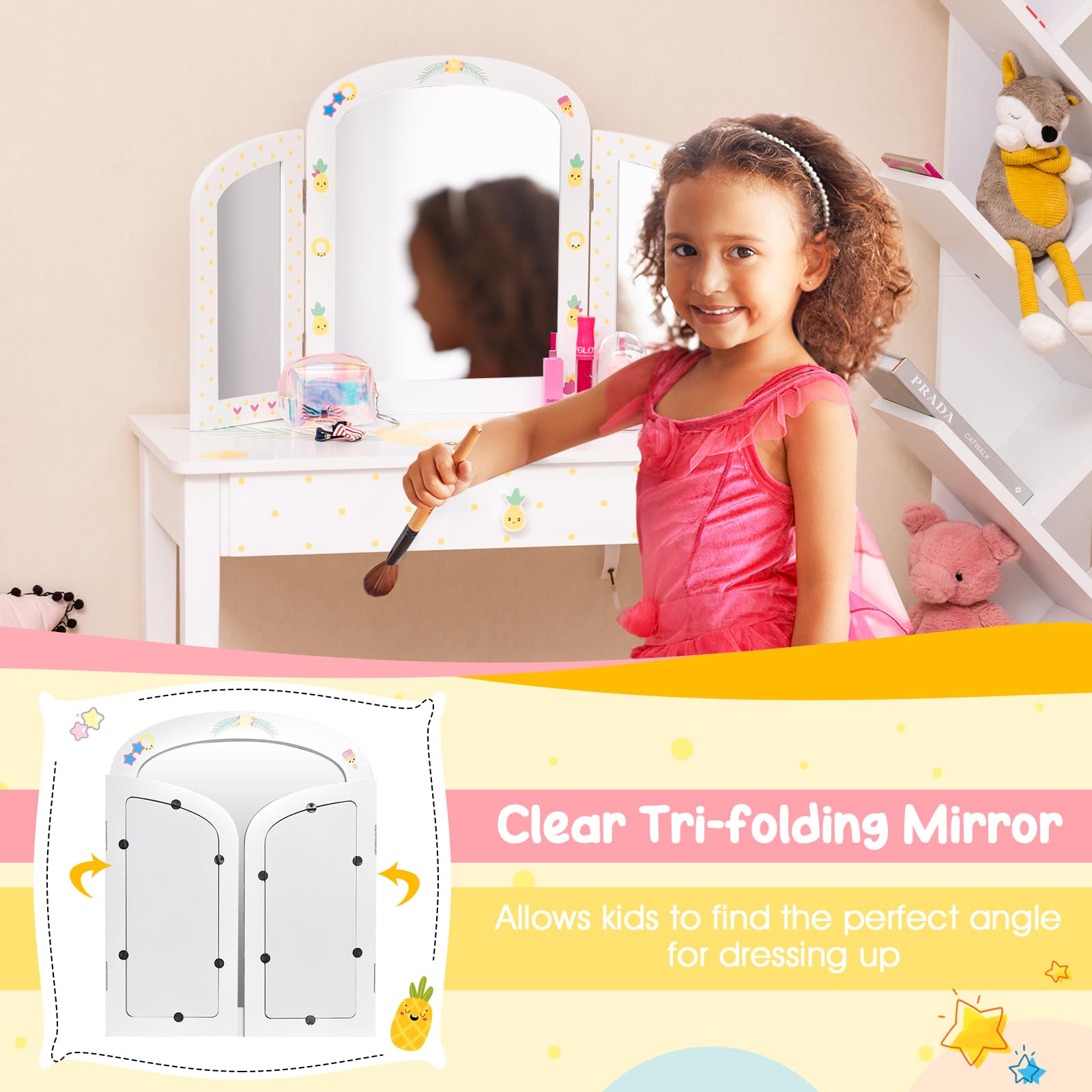 HONEY JOY Kids Vanity Table and Chair Set, Kids Dressing Table w/Tri-Folding Mirror, Large Storage Drawer