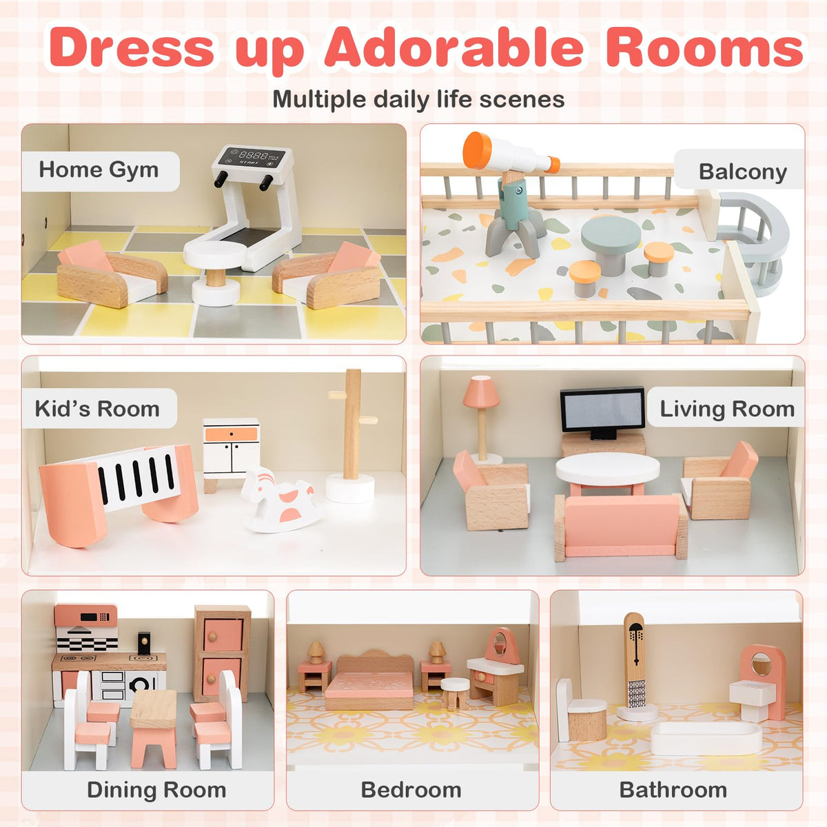 Wooden Corner Dollhouse Playset with 34 Pieces of Furniture and Accessories