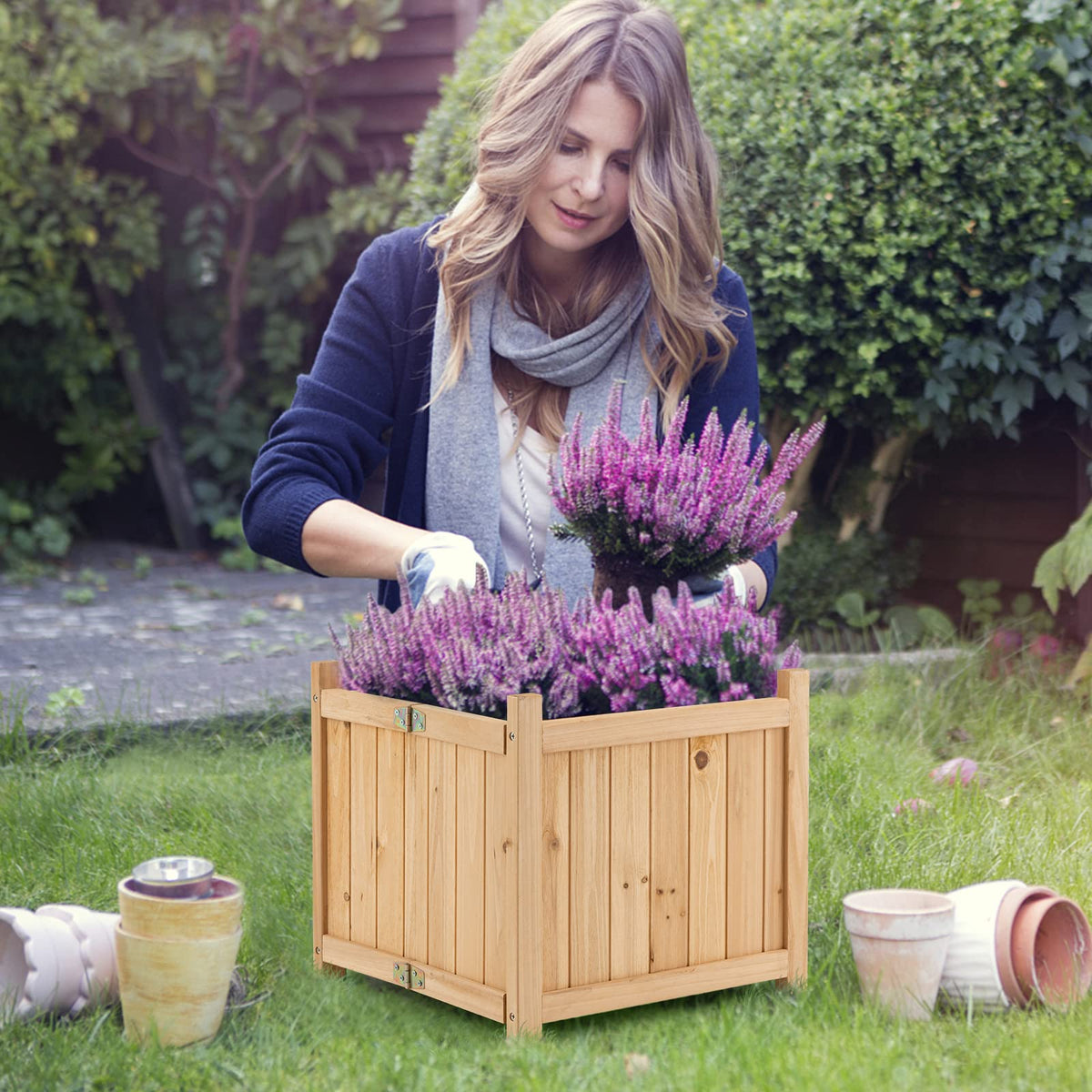 Fir Wood Raised Garden Bed, Outdoor Elevated Planter w/Drainage Hole