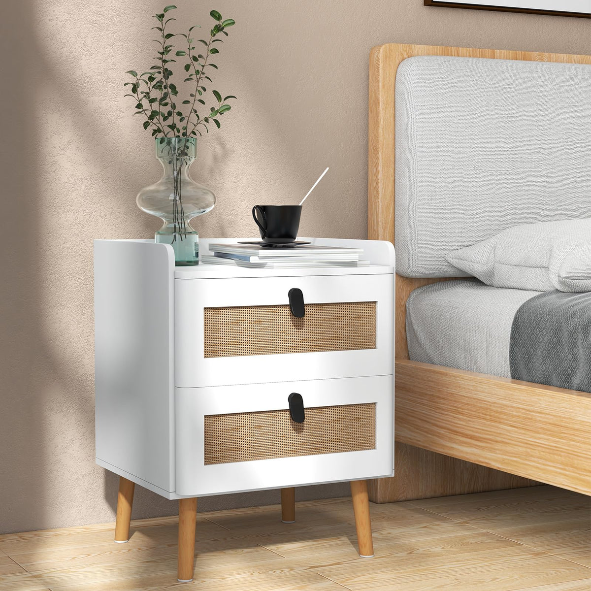 Modern End Table Bedside Table with 2 Rattan Decorated Drawers for Small Spaces