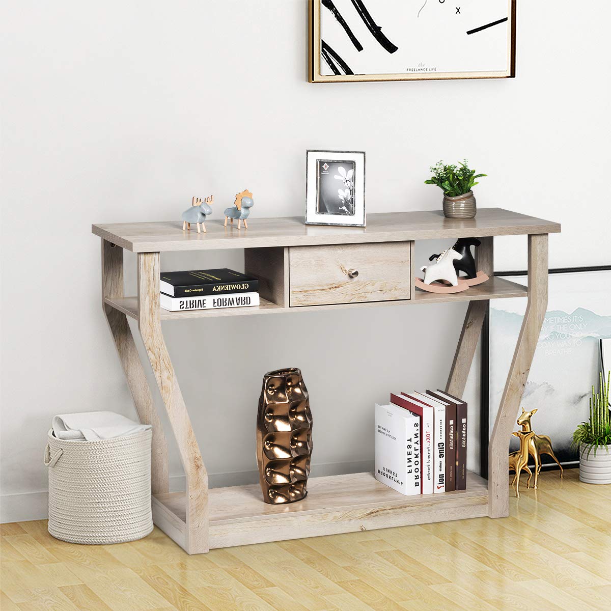 Giantex 120 CM Multi-Function Console Table, 3-Tier Accent Sofa Table w/Shelf & Drawer, Curved Legs, Modern Hall Table