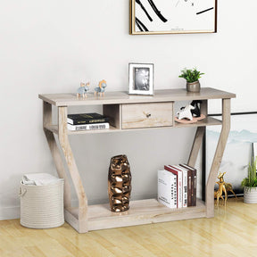 Giantex 120 CM Multi-Function Console Table, 3-Tier Accent Sofa Table w/Shelf & Drawer, Curved Legs, Modern Hall Table