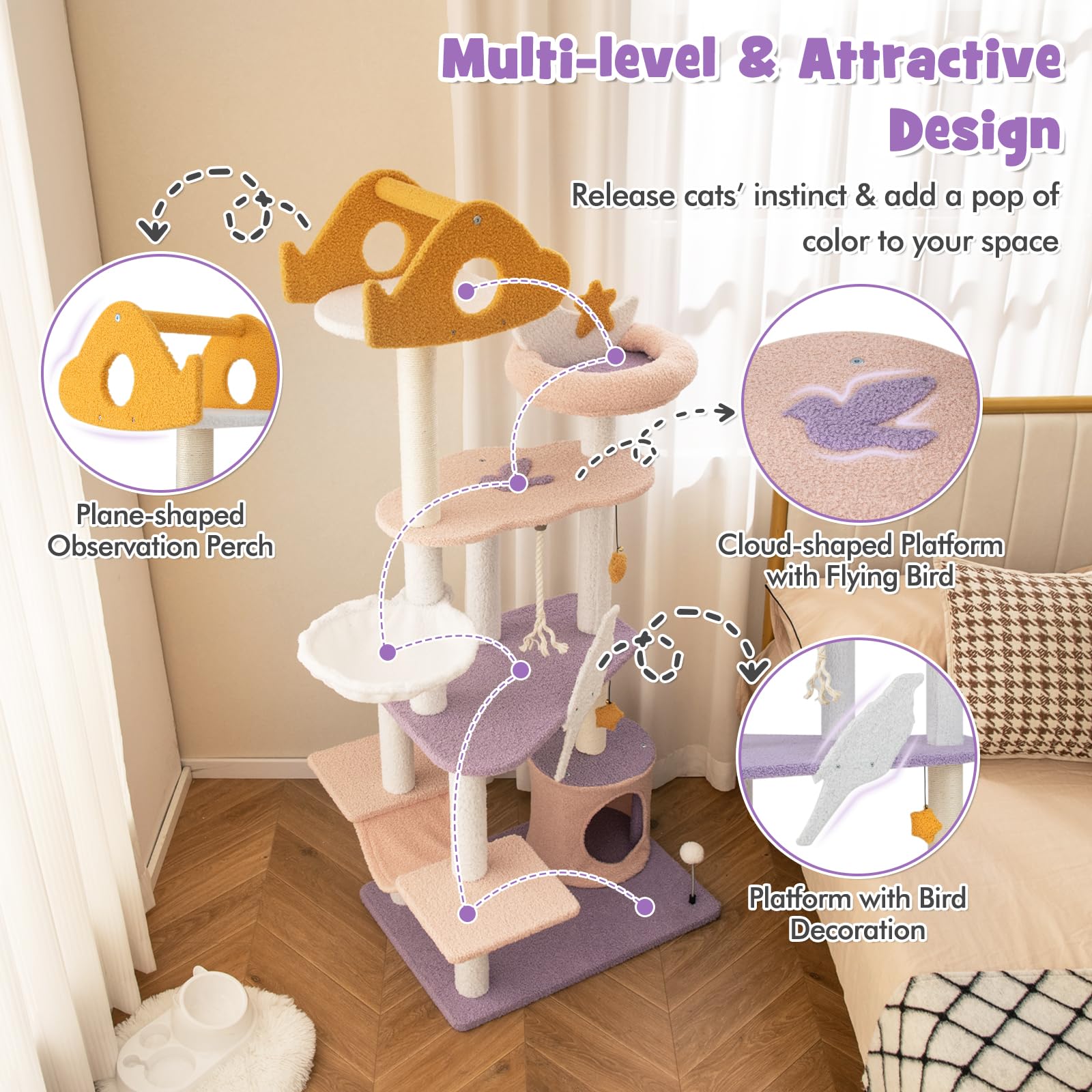 Cute Cat Tree for Indoor Cats, 167cm Multi-Level Tall Cat Tower, Purple
